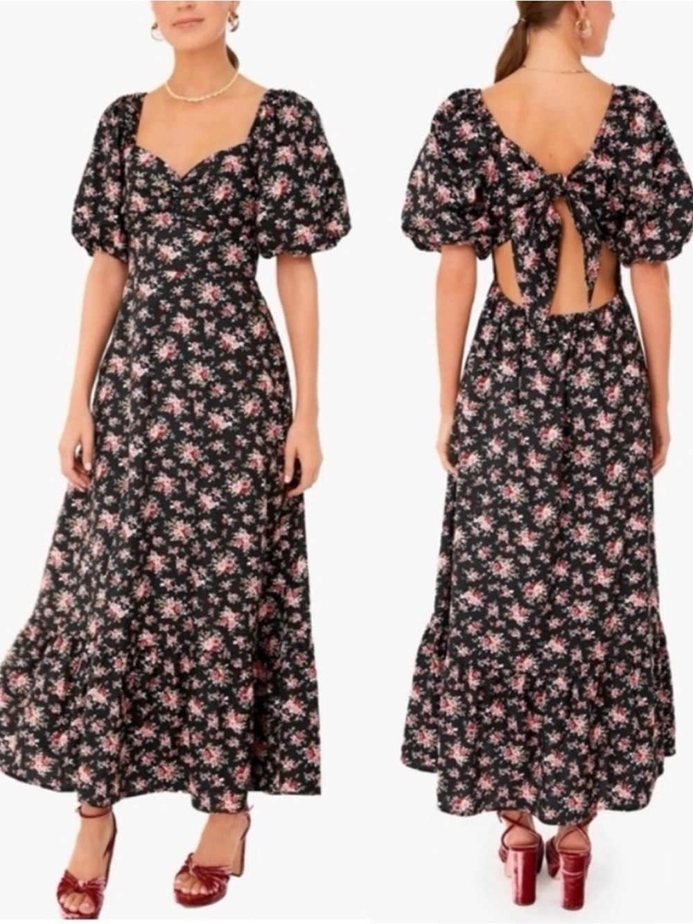 Tuckernuck Hyacinth House Black Floral Seaport Midi Dress Open Back Size XL